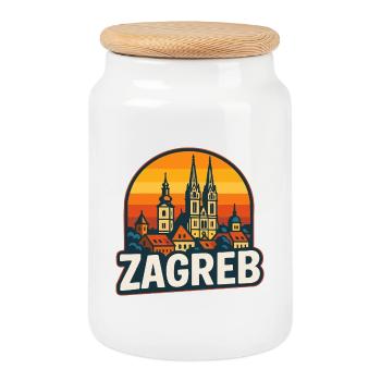 Zagreb City Retro Sunset Skyline Vintage Art - Cookie Jar with Wooden Lid - white - Front