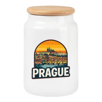 Prager Skyline Retro Sonnenuntergang Vintage-Design - Keksdose mit Holzdeckel - Weiß - Vorne
