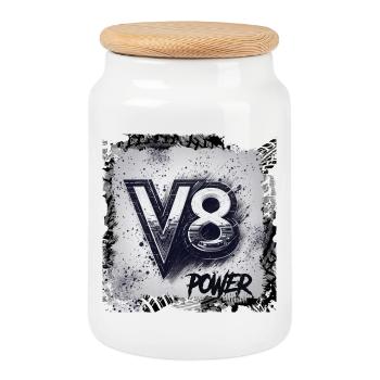 V8 power - Cookie Jar with Wooden Lid - white - Front