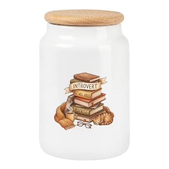 Introvert Book Lover Stack - Cookie Jar with Wooden Lid - white - Front