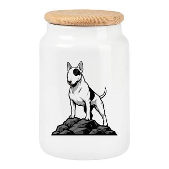 Bull Terrier Dog on Rock Portrait White Spot - Cookie Jar with Wooden Lid - white - Front