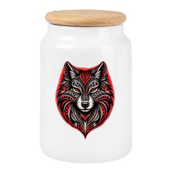 Red and Black Tribal Wolf - Cookie Jar with Wooden Lid - white - Front
