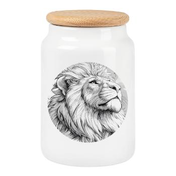 Lion Drawing - Cookie Jar with Wooden Lid - white - Front