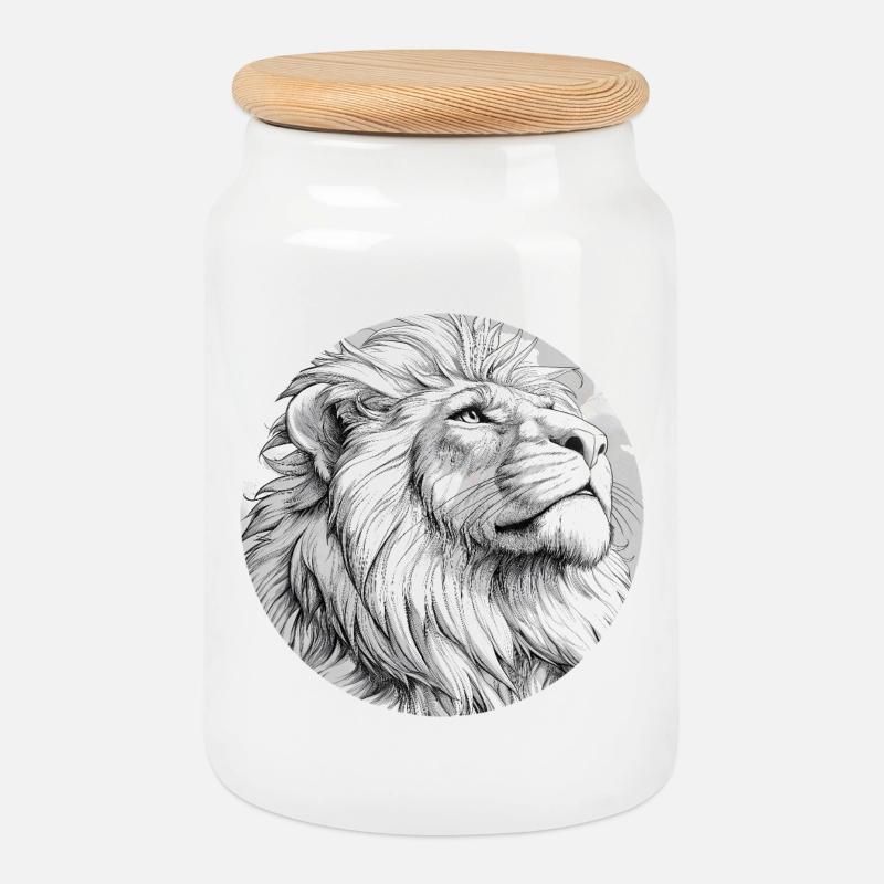 Lion Drawing - Cookie Jar with Wooden Lid - white