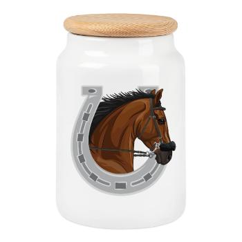 La tête d'un cheval bai et un fer à cheval - Boîte à biscuits avec couvercle en bois - blanc - Devant