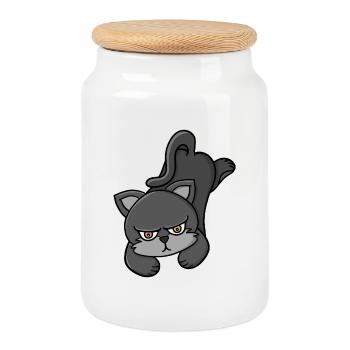 Grouchy Grey Cat - Cookie Jar with Wooden Lid - white - Front