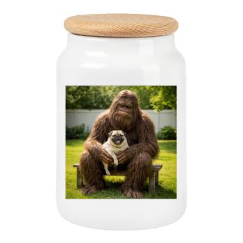Pug Sitting with Bigfoot Funny Dog Lover - Cookie Jar with Wooden Lid - white - Front