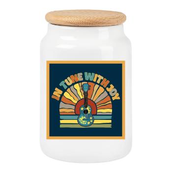 In tune with Joy - Retro Sunset and Ukulele - Cookie Jar with Wooden Lid - white - Front