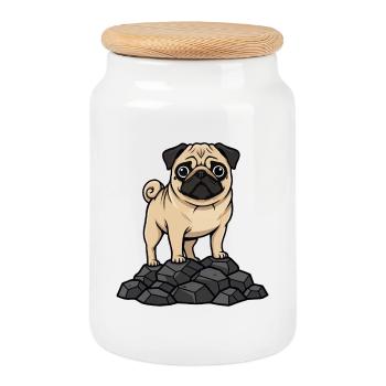 Pug Dog on Rock Portrait Fawn Cute - Cookie Jar with Wooden Lid - white - Front