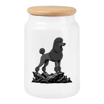 Black Poodle Dog on Rock Elegant Portrait - Cookie Jar with Wooden Lid - white - Front