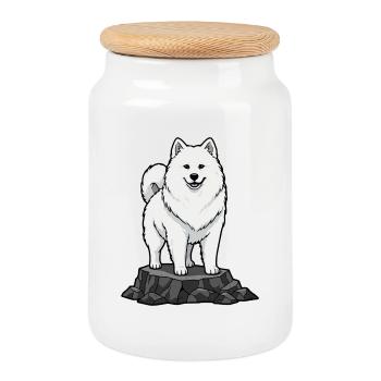 Chien Samoyède sur Rocher Portrait Blanc Sourire - Boîte à biscuits avec couvercle en bois - blanc - Devant
