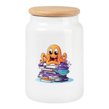 Learning octopus with stack of books - Cookie Jar with Wooden Lid - white - Front