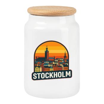 Stockholm, Schweden Retro-Sonnenuntergangs-Skyline-Design - Keksdose mit Holzdeckel - Weiß - Vorne