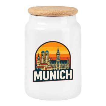 Munich Germany Retro Sunset Skyline Art - Cookie Jar with Wooden Lid - white - Front