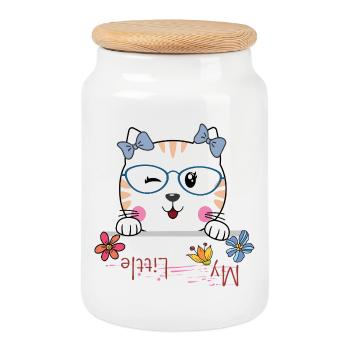 Katze mit Brille und Blumen - Keksdose mit Holzdeckel - Weiß - Vorne