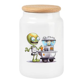 Alien Bartender at Space Bar - Cookie Jar with Wooden Lid - white - Front