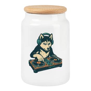 Husky DJ Retro Design : Chien à la console de mixage - Boîte à biscuits avec couvercle en bois - blanc - Devant