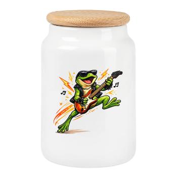 Frog Rocker with Electric Guitar - Cookie Jar with Wooden Lid - white - Front