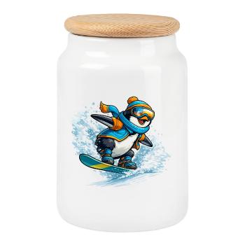 Pinguin Snowboard Blauorange - Keksdose mit Holzdeckel - Weiß - Vorne