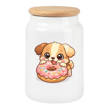 Petit chien et beignet - Boîte à biscuits avec couvercle en bois - blanc - Devant