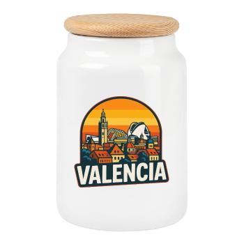 Valencia Spain Retro Sunset Skyline Design - Cookie Jar with Wooden Lid - white - Front