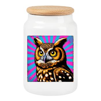 owl - Cookie Jar with Wooden Lid - white - Front