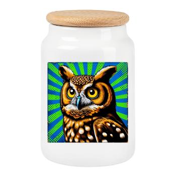 owl - Cookie Jar with Wooden Lid - white - Front