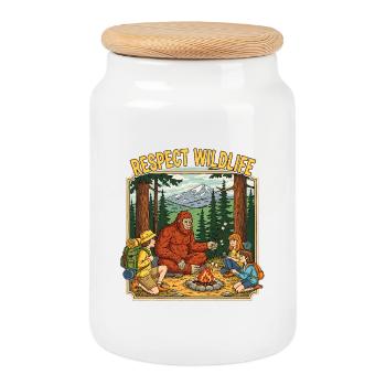 Respect Wildlife ,Campfire Bigfoot - Cookie Jar with Wooden Lid - white - Front