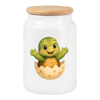 Small turtle hatching - Cookie Jar with Wooden Lid - white - Front