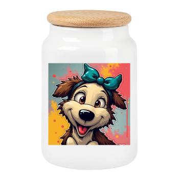Chien joyeux avec un nœud - Boîte à biscuits avec couvercle en bois - blanc - Devant