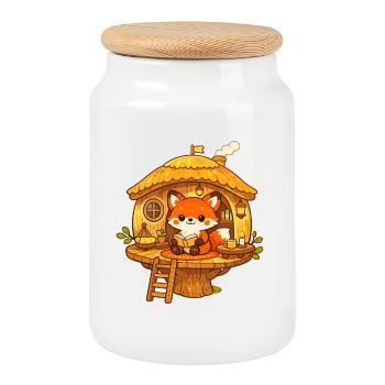 Reading fox in the tree house - Cookie Jar with Wooden Lid - white - Front