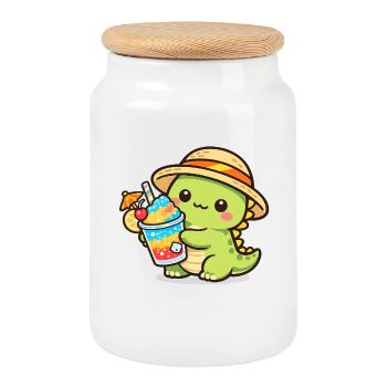 Summer dinosaur with cocktail - Cookie Jar with Wooden Lid - white - Front