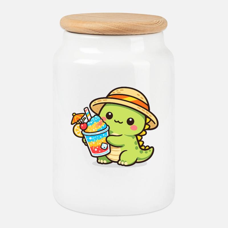 Summer dinosaur with cocktail - Cookie Jar with Wooden Lid - white