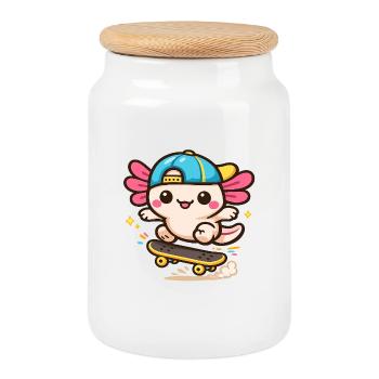 Axolotl Kawaii Skate Wing Creature - Cookie Jar with Wooden Lid - white - Front