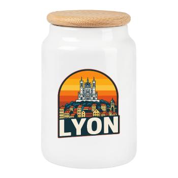 Lyon France Retro Sunset Skyline Vintage Art - Cookie Jar with Wooden Lid - white - Front