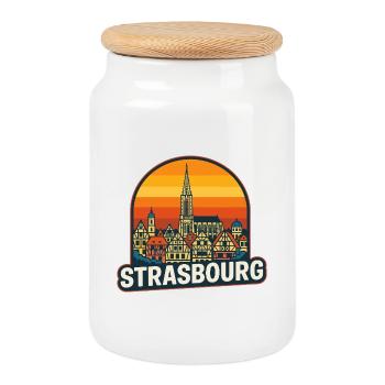 Strasbourg Retro Sunset Vintage Skyline Design - Cookie Jar with Wooden Lid - white - Front