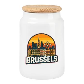Brussels Belgium Retro Sunset Skyline Design - Cookie Jar with Wooden Lid - white - Front