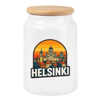 Helsinki, Finnland Retro Sonnenuntergangs-Skyline-Kunst - Keksdose mit Holzdeckel - Weiß - Vorne