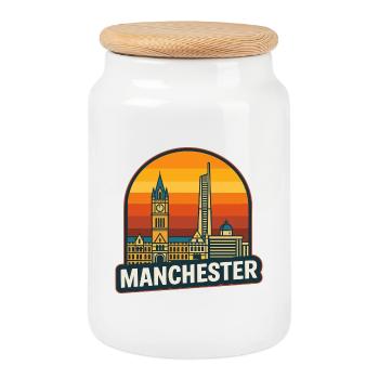 Manchester Skyline Retro Sunset Vintage Art - Boîte à biscuits avec couvercle en bois - blanc - Devant