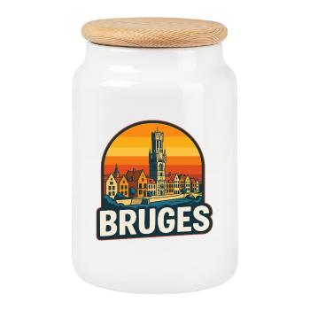 Bruges Belgium Retro Sunset Skyline Vintage - Cookie Jar with Wooden Lid - white - Front