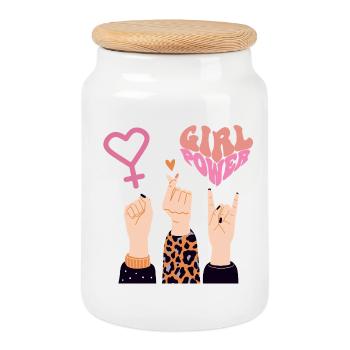 GIRL POWER, SISTERS, LOVE & ROCK ON! 💪❤️♀️ - Cookie Jar with Wooden Lid - white - Front