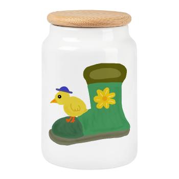 Chick on Green Boot with Flower - Cookie Jar with Wooden Lid - white - Front