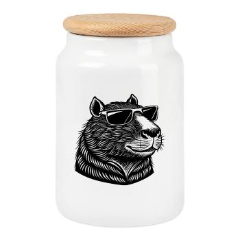 Capybara In Sunglasses - Cookie Jar with Wooden Lid - white - Front