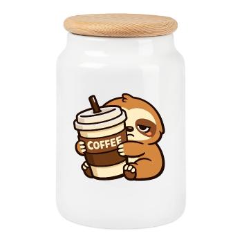 Coffee-loving sloth - Cookie Jar with Wooden Lid - white - Front