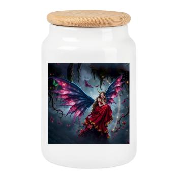 Winged fairy in red dress - Cookie Jar with Wooden Lid - white - Front
