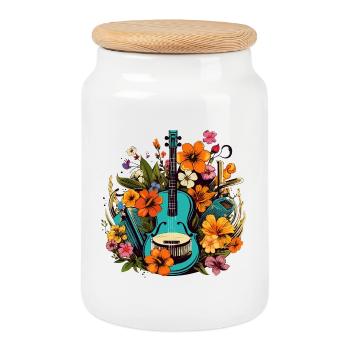 Floral Guitar in Tropical Style - Cookie Jar with Wooden Lid - white - Front
