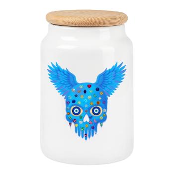 Un t-shirt avec un crâne avec des pierres précieuses et des ailes. - Boîte à biscuits avec couvercle en bois - blanc - Devant