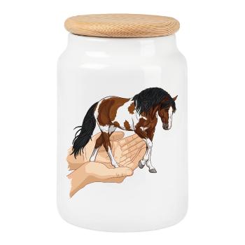 A piebald horse that comes out with two joined hands - Cookie Jar with Wooden Lid - white - Front