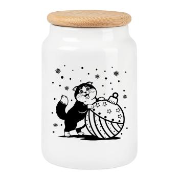 Chat mignon et duveteux avec une grosse babiole de Noël - Boîte à biscuits avec couvercle en bois - blanc - Devant