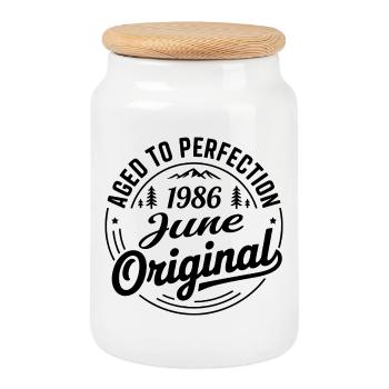 June 1986 – Legend of the Peaks and Mountains - Cookie Jar with Wooden Lid - white - Front